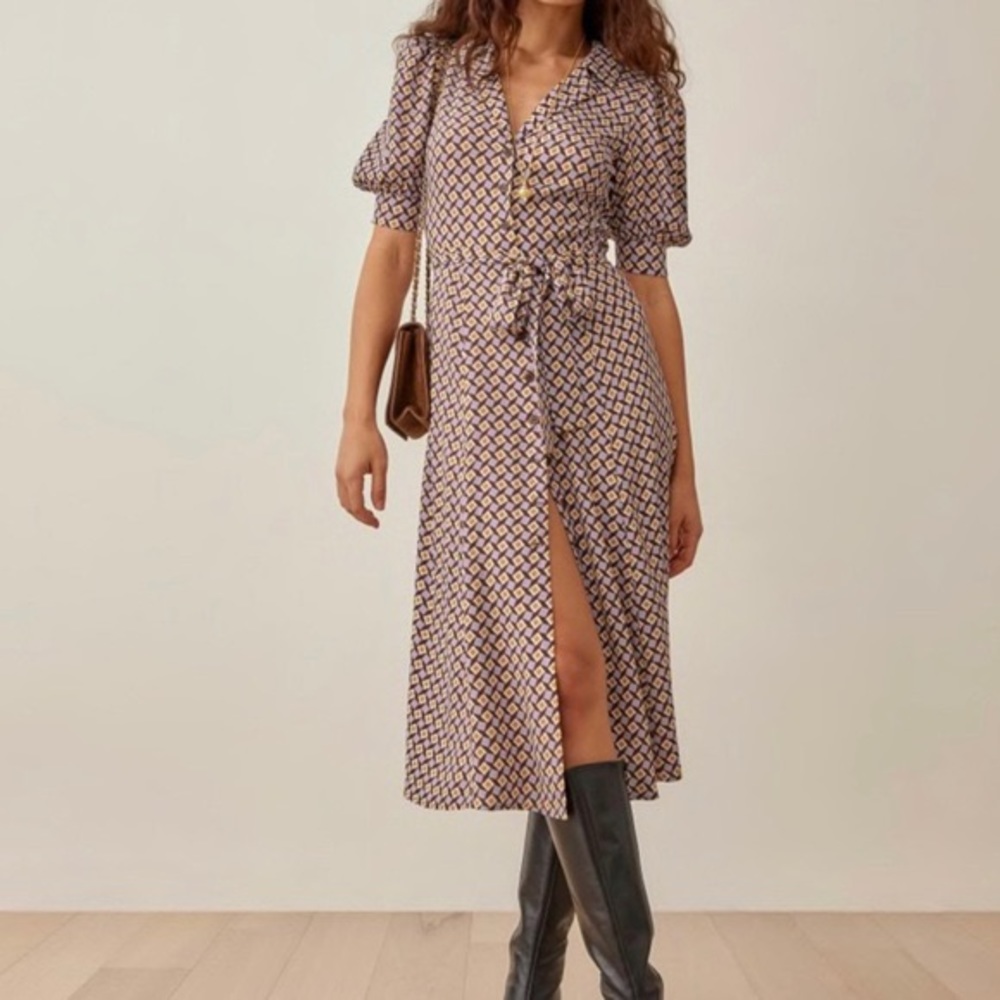 Reformation Purple Geometric Wrap Midi Dress